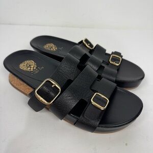 Vince Camuto Freoda Black Leather Open Toe Slip On Sandals